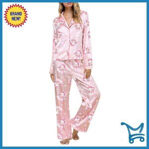 Satin Silk Pajama Set 2-Piece Long Sleeve Button Down Shirt Pants